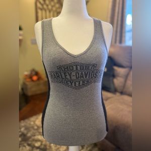 HARLEY-DAVIDSON gray and black v neck ladies tank top with lace panel sides!